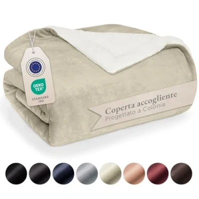 Immagine di Blumtal Coperta Pile Plaid Divano Super Morbida Sherpa di Alta Qualità Letto Singolo Certificata OKEO Tex 150 x 200 cm Sabbia