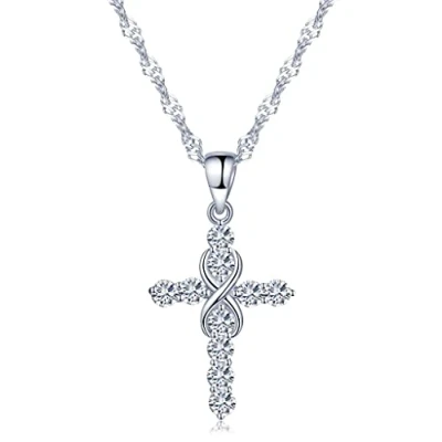 Immagine di Infinite U Collana con ciondolo a croce simbolo dell’infinito, in argento Sterling 925 rodiato, zirconi cubici, da donna/ragazza, colore: