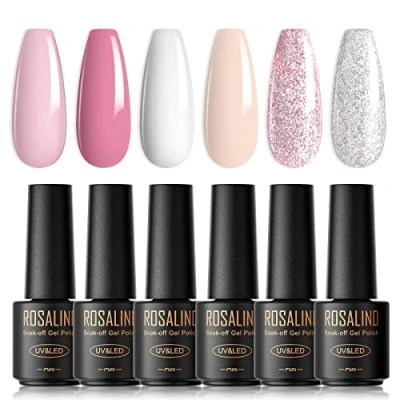 Immagine di ROSALIND Smalto Semipermanente Pastello, 6 Colori Mini Bianco Nudo Rosa Argento Glitterato Unghie, Soak Off UV/LED Lampada Per Unghie Diy Manicure Nail Art Set