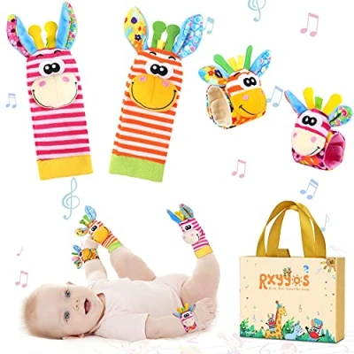 Immagine di Giochi Neonato Sonagli Sensoriali per Bambini, Calzini da Polso Simpatici Animaletti Developmental Soft Toys Bambole Neonati Neonato, 4 Pezzi (Colour 2)
