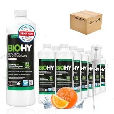Immagine di BiOHY Detergente per pavimenti robot aspirapolvere con profumo di arancia (12 bottiglie da 1l) + Distributore concentrato tutti i Senza schiuma e