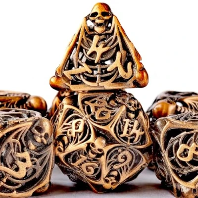 Immagine di set di dadi in metallo D&amp;D, poliedro cavo DND 7 pezzi Dungeons and Dragons stile teschio, adatti per giochi ruolo come Pathfinder RPG Shadow Run