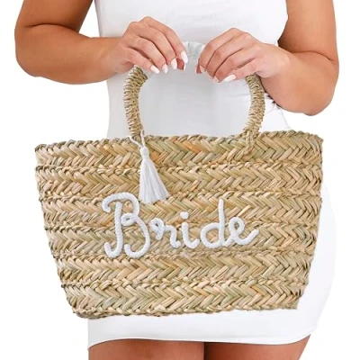 Immagine di Ginger Ray Wedding Zenzero Borsa in Rattan Intrecciato con Decorazione Bride e Nappa Bianca per Addio al Nubilato o Luna di Miele, Marrone, HEN 140