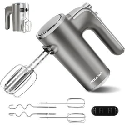 Immagine di Aigostar Adela Sbattitore Elettrico, Potenza di 400 W, 5 Velocità Regolabili e un Pulsante Turbo, una Staffa Portaoggetti, 2 Fruste Ganci. Color Argento