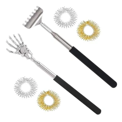 Immagine di Grattaschiena, 2 Pcs Schiena Grattaschiena Telescopico e 4 Anello Massaggiante per le Dita, Scratcher Posteriore in Acciaio Inossidabile, Portatile Massaggiatore