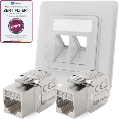 Immagine di hb digital presa di rete CAT 8 da incasso a 2 porte RAL9003 bianco segnale + X Keystone RJ45 modulo LAN Ethernet per 5e 6 6a 7 2000MHz 40 Gbps