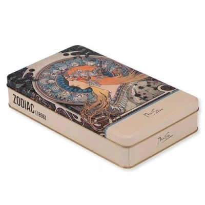 Immagine di NOTIQUE scatola di latta in metallo con coperchio, stile nostalgico, per biscotti, contenitore piccoli oggetti, collezione Herbarium (Alfons Mucha Zodiac)