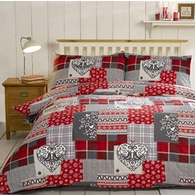 Immagine di Alpine patchwork Set di biancheria per letto singolo, con copripiumino trapuntato e federe copricuscino, motivo in stile alpino, 100% flanella cotone, rosso su sfondo multicolore, 2 pezzi