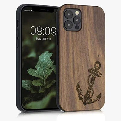 Immagine di kwmobile Custodia Compatibile con Apple iPhone 12 / Pro Cover Back Case in Legno Bumper Silicone TPU Ancora felice marrone scuro