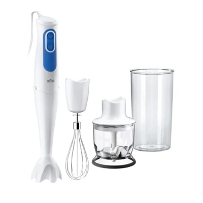 Immagine di Braun MultiQuick 3 Minipimer MQ3025 Omelette, Frullatore ad Immersione, Dotato di minitritatutto da 350ml, frusta a filo in acciaio inox e bicchiere graduato 600ml, potenza 700watt, blu/bianco