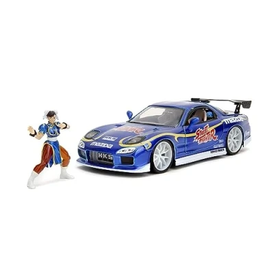 Immagine di Jada Street Fighter II, Chun Li, Mazda RX 7 del 1993, Scala 1:24, in metallo, Ruota girevole, apertura delle porte e figura di Li (253255062)