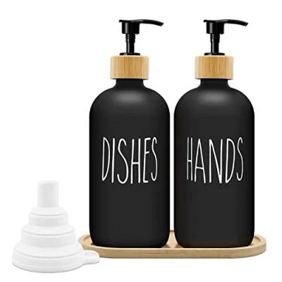 Immagine di Dispenser di Sapone Cucina Nero Set 500ml Vetro con Vassoio Liquido per Lavastoviglie Shampoo Bagno e Doccia (Nero x 2)