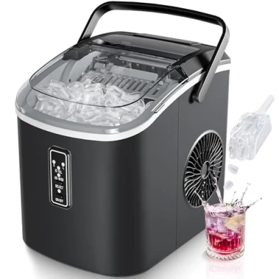 Immagine di EUHOMY Piccola macchina per il ghiaccio, pronta in 6 minuti, produce 9 cubetti, 12 kg/giorno, autopulente, portatile, con manico, cestino e paletta, 2 dimensioni cubetti di casa