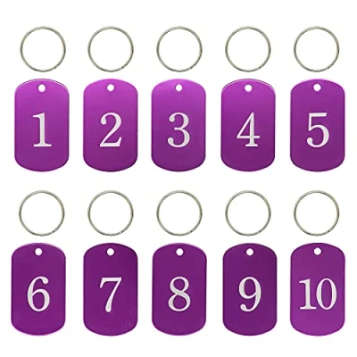 Immagine di medagliette con numeri incisi, identificative, in alluminio, anello portachiavi (1 10, viola)