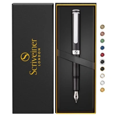 Immagine di Scriveiner stilografica di lusso fine, penna tascabile nera opaca, finitura cromata, pennino tedesco, convertitore, regalo per uomini e donne, bella design