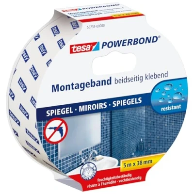 Immagine di Tesa Powerbond Specchi Nastro Biadesivo per Adesivo Resistente All&#039;Umidità, Adatto Docce e Bagni 5 m x 38 mm