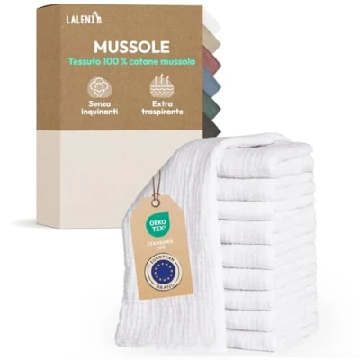 Immagine di Laleni Mussole Neonato Cotone 70x70cm In Set Di 10 Quadrotti Per Pelli Sensibili Asciugamani Extra Morbidi E Assorbenti Lavette Quadrati Bianco