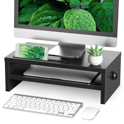 Immagine di RFIVER Supporto per Monitor in Legno, Rialzo da scrivania con Smartphone e Gestione dei Cavi, Ergonomico Laptop, PC, Computer, Nero, W425 x D235 H140mm (2 Livelli)