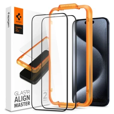 Immagine di Spigen AlignMaster Vetro Temperato compatibile con iPhone 15 Pro, 2 Pezzi, Cornice di Allineamento inclusa, Copertura Totale, Durezza 9H Pellicola prottetiva