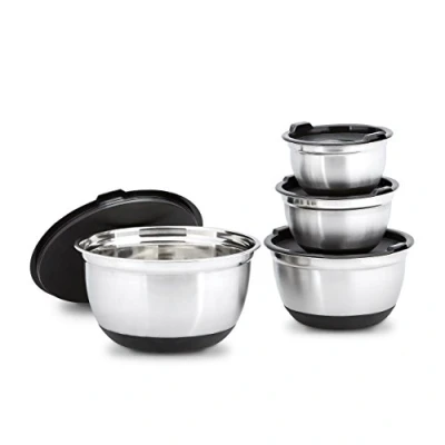 Immagine di Relaxdays Set 4 Ciotole Cucina con Coperchio, Modello BOWLY, Insalatiere Acciaio Antiscivolo, 14, 5x25,5 cm, Argento, Inossidabile, Pezzi