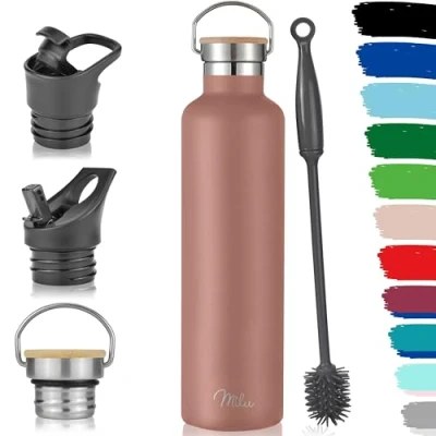 Immagine di Milu Borraccia in acciaio inox, 350 ml, 500 750 1000 ml (+3 coperchi), thermos con cannuccia, bottiglia isolata, a prova di perdite, doppia parete (Oro rosa, ml)