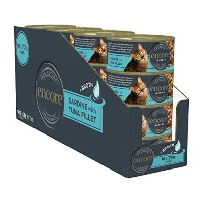 Immagine di Encore Cibo umido per gatti 100% naturale, sardine con filetto di tonno in brodo, 70 g (confezione da 16)
