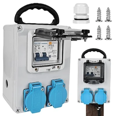 Immagine di distributore di corrente da costruzione, 250 V, 2P: a parete con interruttore protezione FI 32 A, scatola distribuzione IP67, presa impermeabile, 2 x 16 IP44, impermeabile per