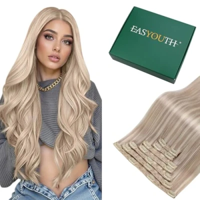 Immagine di Easyouth Clip Capelli Veri Balayage Castano Extension 14 Zoll 7Pcs 70g Colore Biondo Cenere Mix Medio e Platino