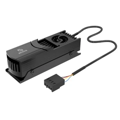 Immagine di Akasa Gecko Pro LX, M.2 NVMe PCIe 5.0, ventola in alluminio ad alta velocità, supporto 2280 SSD, fino A 12.000 RPM e 12 V, basso profilo, 2 Thermal Pad inclusi, nero, M2HS04 BK