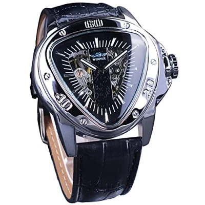 Immagine di Winner orologio da polso Meccanico a triangolo, alla moda, impermeabile, quadrante scheletrato dorato, movimento automatico, design in pelle, uomo, Argento,