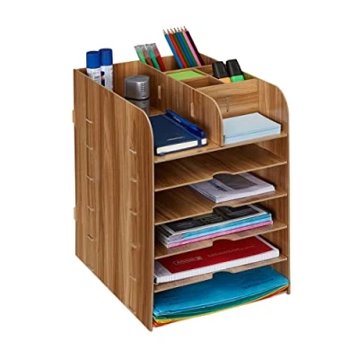 Immagine di Relaxdays Organizer da Scrivania, Portapenne e Portadocumenti, 12 Scomparti, HLP: 34,5x25x32 cm, in MDF, Marrone Scuro