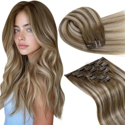 Immagine di LaaVoo Extension Capelli Veri Clip 7pcs 120g 35cm Balayage Marrone Chiaro Con Biondo Platino a Lisci Estensioni Dei Umani Reali #8/60/8