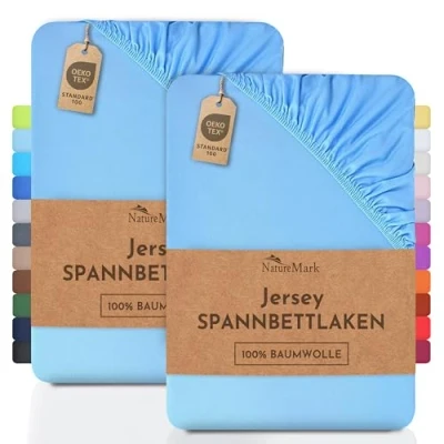 Immagine di NatureMark, Confezione da 2 lenzuoli con Angoli in Jersey, 100% Cotone, Disponibili Molte Misure e Colori, Azzurro, 2er Pack 200x220 cm +40cm Steg