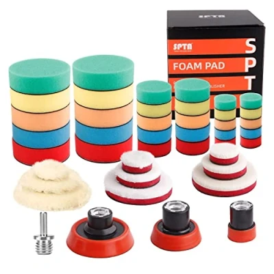 Immagine di Tamponi per lucidatura,Tampone di lucidatura, Kit lucidatura con Adattatore Trapano M14, Set 43 Pezzi Pad Spugna, Lana tampone Lucidatrice Auto POSWMIX36