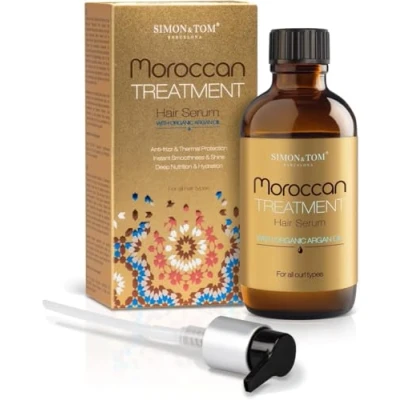 Immagine di Simon &amp; Tom Moroccan Siero per capelli ricco di olio Argan. Adatto ad ogni tipo capello: normalie, spesso, riccio, fine, secco, tinto e danneggiato. Liscia controlla l&#039;effetto crespo. 100ml