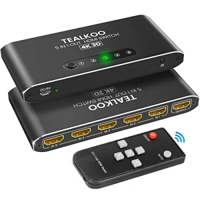 Immagine di Switch HDMI 5 In 1 Out con Telecomando, TEALKOO Sdoppiatore Supporta 4K 3D 1080p@60Hz UHD HDR, Alluminio 2.0 Switcher Compatibile PS5/4/3 Laptop DVD Blu Ray Xbox Roku HDTV Fire Stick