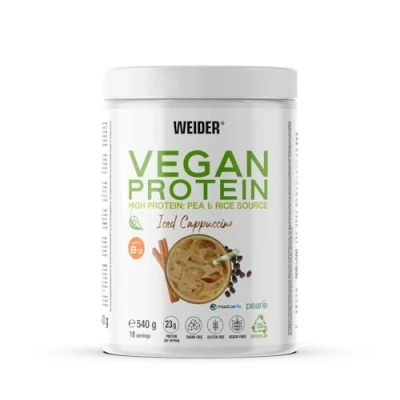 Immagine di Weider Vegan Protein (540g) Gusto Cappuccino. Proteine Vegane 23g/dose isolate di piselli e riso, Con Vitamina B12 Stevia, Senza Glutine, Zucchero, Contenitore 50% Riciclato, 100% Riciclabile