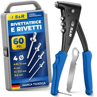 Immagine di S&amp;R Rivettatrice Manuale Professionale con 60 Rivetti (2,4 mm, 3,0/3,2 4,0 4,8/5,0 mm) per alluminio e acciaio Inox fori ciechi, 4 dadi, 1 chiavetta, comoda scatola
