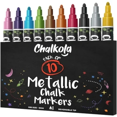 Immagine di Chalkola pennarelli a Gesso Liquido Confezione da 10 per lavagne, Menù di caffè, Affari, finestre cancellabili con Umido, Punta scalpello 6 mm Reversibile