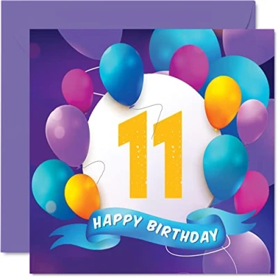 Immagine di Stuff4 Biglietto di auguri per 11 compleanno ragazzi e ragazze, festa con palloncino, anni, ragazzo, ragazza, fratello, sorella, figlio, figlia, nipote, cugino, 145 mm x