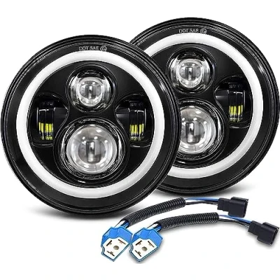 Immagine di Faro LED da 7 pollici con indicatore di direzione ambra Halo bianco DRL abbagliante/anabbagliante compatibile Wrangler JK LJ CJ TJ (adattatore H4 H13 incluso)
