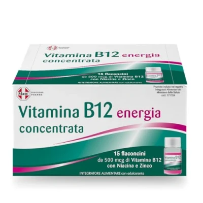 Immagine di Matt, Vitamina B 12 Concentrata, Integratore Alimentare, Riduce Stanchezza, Favorisce il Normale Metabolismo Energetico e Funzionamento del Sistema Nervoso Cognitivo, Confezione da 15 Flaconcini