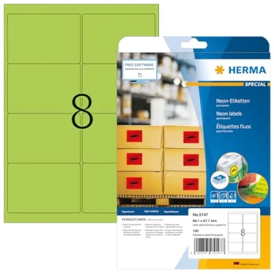 Immagine di HERMA Etichette per Marcatura, 99,1 x 67,7 mm, Adesive A4 Stampante, 8 Foglio, Verde Neon