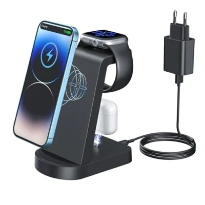 Immagine di Caricatore Wireless,INNISTO 3 In 1 Caricabatterie Wireless Induttiva Compatibile Con iphone 14 13 12 11 Pro Max/Xs/Xr/X, iwatch Ultra 8 7 6 5 4 2 SE, Airpods Pro/3/2/1 18W Adattatore