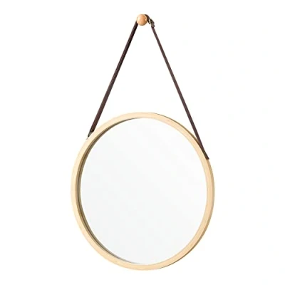 Immagine di [en.casa] Specchio Rotondo Ø 38 cm con Cornice in bambù, Sospeso Cintura Similpelle Regolabile Lunghezza