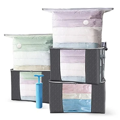 Immagine di VOUNOT 3 Sacchetti Sottovuoto per Vestiti Salvaspazio Riutilizzabili con Pompa e Scatola di Immagazzinaggio EDENOO Manici, Lenzuola, Piumoni, Cuscini, Coperte