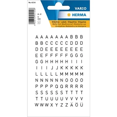 Immagine di HERMA 4154 adesivi con lettere nere, 240 pezzi, dimensioni carattere 5 mm, autoadesivi, resistenti alle intemperie, mini alfanet, adesive A Z, in pellicola da incollare, trasparente