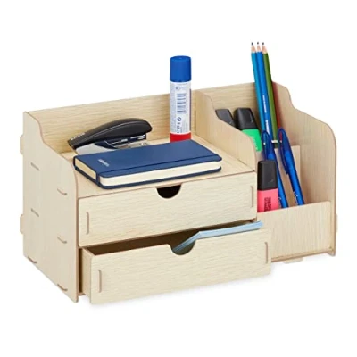 Immagine di Relaxdays Portadocumenti da Scrivania, 3 Scomparti 2 Cassetti, Portapenne 17x33x19 cm, Ufficio e Scuola, Marrone Chiaro