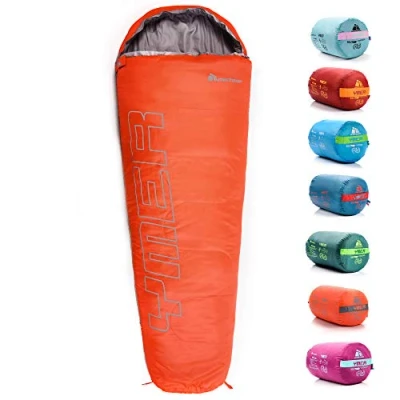 Immagine di meteor Sacco a Pelo Mummia Ideale per Bambini Campeggio Viaggio Escursioni Trekking Albergo Treno leggero Compatto con Compressione YMER ((130 + 25) x 60/40 cm, Arancio fluo/grigio)