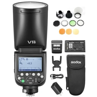 Immagine di GODOX V1 PRO N Speedlight Flash a testa tonda on camera automatico E TTL II Zoom Fresnel wireless 2.4G con AK R1 Pocket Light Accessori Kit compatibile fotocamera Nikon 100V 240V